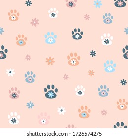 Patrón vectorial sin foco con patas y flores lindas para gatos o perros. Huella animal.