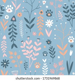 Seamless vector pattern with cute cat paw, fish bones and flowers. Cat footsteps and fish vector illustration. Cats food background. Floral background.