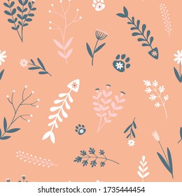 Seamless vector pattern with cute cat paw, fish bones and flowers. Cat footsteps and fish vector illustration. Cats food background. Floral background.