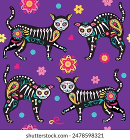 Seamless vector pattern with cute cat skeletons and flowers. Cat Skull bone skeleton. Many witchcraft cats. Ghost Halloween, Day of the Dead. Background wallpaper.