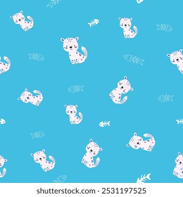 Seamless vector pattern with cute cat  and fish bone . Flat design for textile and fabric print, wallpaper, packaging, pets concept. Cute cat paw and fishbone - funny vector drawing seamless pattern.