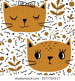 Seamless Vector Pattern with Cute Cat Faces and Floral Motifs