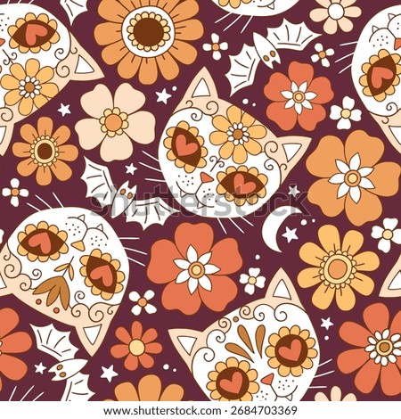 Seamless vector pattern with cute cat skulls and vintage flowers. Hand drawn floral calavera background. Spooky Halloween skull drawing.  EPS 10 vector file. Perfect for textile or print design.