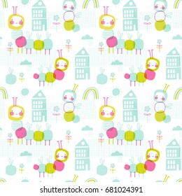 Seamless vector pattern: cute caterpillars. For cards, t-shirt prints, birthday, party invitations, scrapbook, summer holidays. Fashion baby print in pink, green and turquoise colors.