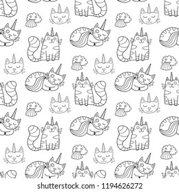 Seamless vector pattern with cute caticorns with rainbow. Magic unicorn like cats. Perfect illustration for children and textiles. Drawn with outlines.