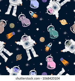 Seamless vector pattern with cute cats in space with planets, rocket, stars on a dark background. Space pattern.
