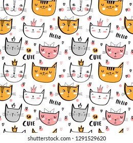 Seamless vector pattern with cute cats for typography poster, card, label, brochure, flyer, page, banner design. Vector illustration background. Black, pink and yellow.