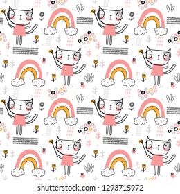 Seamless vector pattern with cute cats for typography poster, card, label, brochure, flyer, page, banner design. Vector illustration background. Black, pink and yellow.