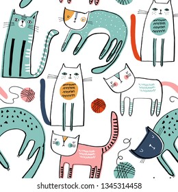 Seamless vector pattern with cute cats for typography poster, card, label, brochure, flyer, page, banner design. Vector illustration background. 