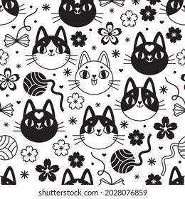 Seamless vector pattern with cute cats faces, sakura flowers and balls of thread. Black and white ornament with cats faces icons with Japanese vibe. Pattern for pets goods, clothes, wrapping, etc.