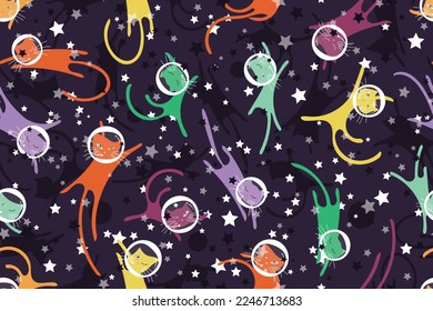 Seamless vector pattern with cute cats astronauts on starry space background. Dark bright print with pets in spacesuits among the stars. Cosmic night cartoon