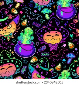 Seamless vector pattern with cute cats and Halloween theme