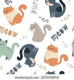 Seamless vector pattern. Cute cats in Scandinavian style, boho, inscriptions pur and meow