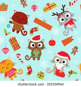 Seamless vector pattern with cute cats in Christmas costumes