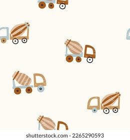 Seamless vector pattern with cute cement mixer trucks on milk. Can be used for fabric, wrapping, textile, wallpaper, apparel design and others.