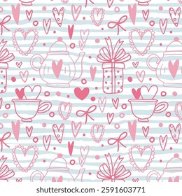 Seamless vector pattern with cute ceramic cup for coffee and tea. Doodle drawing of hand made distorted mug with hearts on pink background.