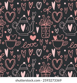 Seamless vector pattern with cute ceramic cup for coffee and tea. Doodle drawing of hand made distorted mug with hearts on pink background.