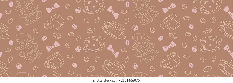 Seamless vector pattern with cute ceramic cup for coffee and tea. Coffee beans, flirty bows and candies. Linear pattern for wedding invitation, Valentine's Day design. Romantic hand drawn background.