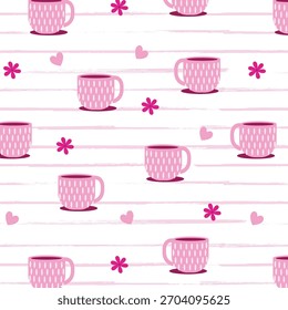 Seamless vector pattern with cute ceramic cup for coffee and tea. Doodle drawing of hand made distorted mug with hearts on pink background. Bizarre kitchen texture