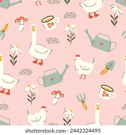 Seamless vector pattern with cute chicken, goose, gardening tools and flowers. Cottagecore background for nursery wallpaper, textile, bedding. Vintage farm and garden texture