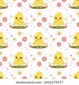 Seamless vector pattern with cute chickens on a floral background. Perfect for textile, wallpaper or print design