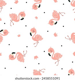 Seamless vector pattern in a cute childish style. Cute pink flamingo and crowns