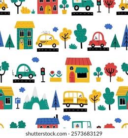 Seamless vector pattern with cute childish cars in city. Drawing for children's textiles with auto transports, houses, trees  for boys. Kids car background. Scandinavian style