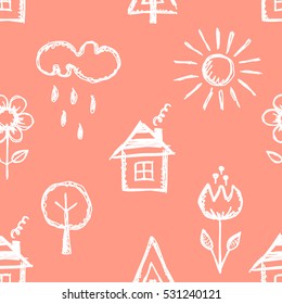 Seamless vector pattern with cute childish hand drawn  house, sun, cloud, rain, flowers, tree. Pink endless doodle background with line drawing sketch elements Graphic repeat doodle illustration 