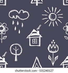 Seamless vector pattern with cute childish hand drawn  house, sun, cloud, rain, flowers, tree. Blue endless doodle background with line drawing sketch elements Graphic repeat doodle illustration 