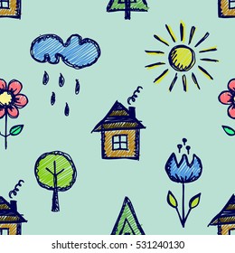 Seamless vector pattern with cute childish hand drawn  house, sun, cloud, rain, flowers, tree. Colorful endless doodle background with line drawing sketch elements Graphic repeat doodle illustration 