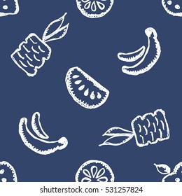 Seamless vector pattern with cute childish hand drawn  fruits Blue doodle background with line drawing sketch pineapple, banana, watermelon. orange, strawberry Graphic repeat doodle illustration