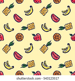 Seamless vector pattern with cute childish hand drawn  fruits Colorful doodle background with line drawing sketch pineapple, banana, watermelon. orange, strawberry. Graphic repeat illustration.