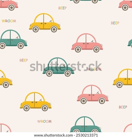 Seamless vector pattern with cute childish cars in red yellow and green, kids textile, boy room 