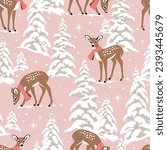 Seamless vector pattern with cute Christmas fawn, snowy pine trees, and snowflakes. Hand drawn illustration artwork. Perfect for textile, wallpaper or print design.