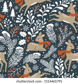 Seamless vector pattern with cute Christmas deer, pine trees, berries and snowflakes on dark grey background. Perfect for textile, wallpaper or print design.