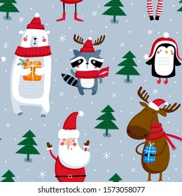 Seamless vector pattern with cute christmas animals and Santa. Can be used for wallpaper, pattern fills, web page background, surface textures, gifts. Creative Hand Drawn textures for winter holidays.