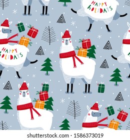 Seamless vector pattern with cute christmas lamas. Can be used for wallpaper, pattern fills, web page background, surface textures, gifts. Creative Hand Drawn textures for winter holidays.