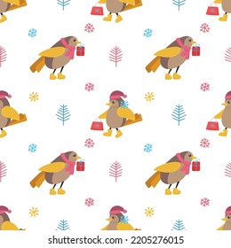 Seamless vector pattern with cute Christmas birds in winter accessories - hat, scarf, boots. Bullfinch, gifts, twigs, mountain ash, snowflakes. Illustration for fabrics, packaging, design