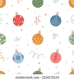 Seamless vector pattern with cute Christmas tree ornaments and confetti. Winter season theme hand drawn background for packaging, wrapping paper, print, card, gift, fabric, textile, wallpaper, apparel