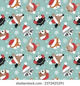 Seamless vector pattern with cute Christmas woodland animal faces and snowflakes. Snowy winter woodland with animals. Hand drawn illustration artwork. Perfect for textile, wallpaper or print design.