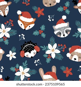 Seamless vector pattern with cute Christmas woodland animal faces and winter flora. Snowy winter woodland with animals. Hand drawn illustration artwork. Perfect for textile, wallpaper or print design.