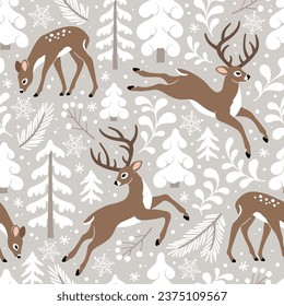 Patrón vectorial sin foco con ciervos de Navidad bonitos, pinos, bayas y copos de nieve. Obra ilustrada a mano. Perfecto para el diseño textil, de papel pintado o de impresión.