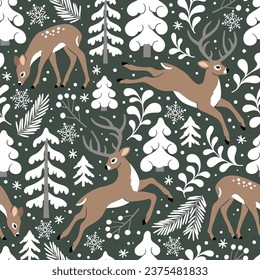Seamless vector pattern with cute Christmas deer, pine trees, berries and snowflakes. Hand drawn illustration artwork. Perfect for textile, wallpaper or print design.