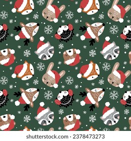 Seamless vector pattern with cute Christmas woodland animal faces and snowflakes. Snowy winter woodland with animals. Hand drawn illustration artwork. Perfect for textile, wallpaper or print design.