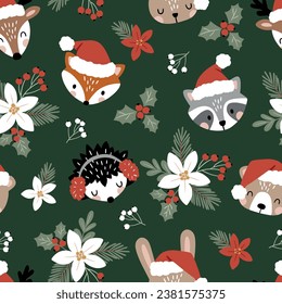 Patrón vectorial sin foco con rostros lindos de animales de bosque de Navidad y flora de invierno. Bosque de invierno nevado con animales. Obra ilustrada a mano. Perfecto para el diseño textil, de papel pintado o de impresión.