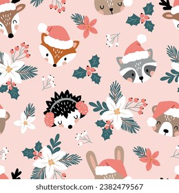 Patrón vectorial sin foco con rostros lindos de animales de bosque de Navidad y flora de invierno. Bosque de invierno nevado con animales. Obra ilustrada a mano. Perfecto para el diseño textil, de papel pintado o de impresión.