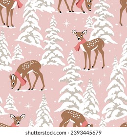 Seamless vector pattern with cute Christmas fawn, snowy pine trees, and snowflakes. Hand drawn illustration artwork. Perfect for textile, wallpaper or print design.