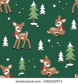 Seamless vector pattern with cute Christmas deer with pine trees. Perfect for textile, wallpaper or print design.