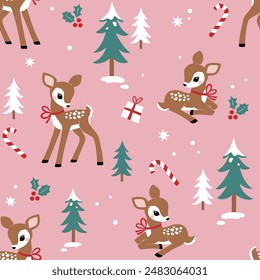 Seamless vector pattern with cute Christmas deer with pine trees. Perfect for textile, wallpaper or print design.