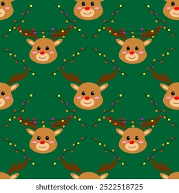 Seamless vector pattern with cute Christmas reindeer on a dark green background. Perfect for holiday designs like gift wrap, textiles, greeting cards, wallpapers, festive packaging, and seasonal decor